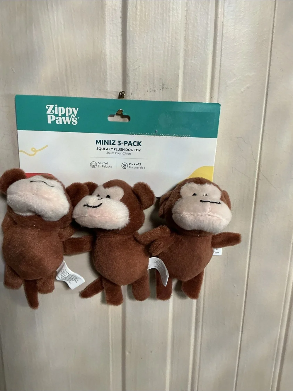 New Zippy Paws Plush 3 Miniz Monkeys Mini Pet Dog Toy Squeaks Brown 4.5* NEW